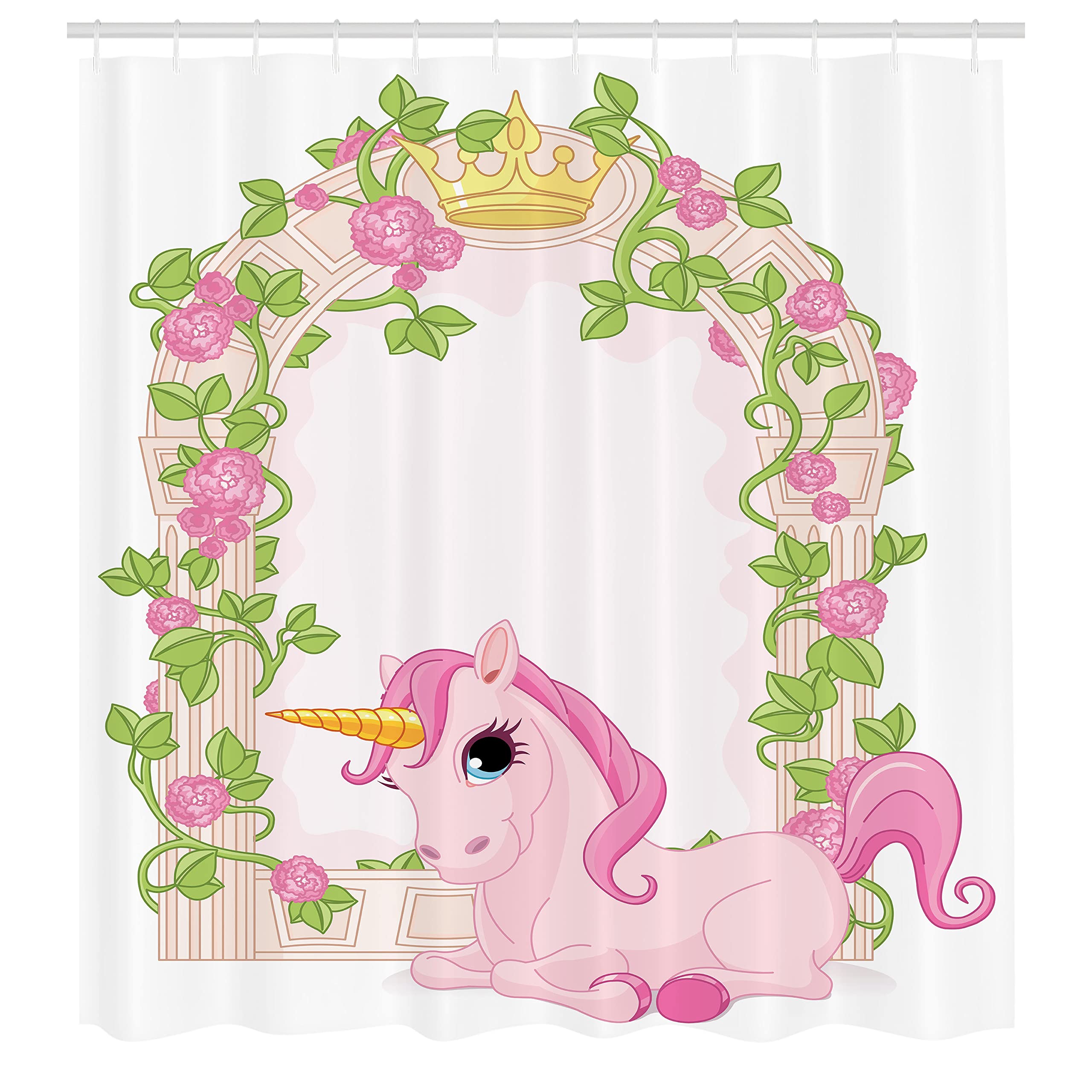 Ambesonne Feminine Shower Curtain, Romantic Floral Arch Frame With Roses Leaves Unicorn Magic Illustration, Cloth Fabric Bathroo